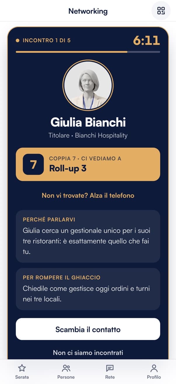 App di matching Connessioni Pro: l'incontro guidato, con il punto della sala dove trovarsi