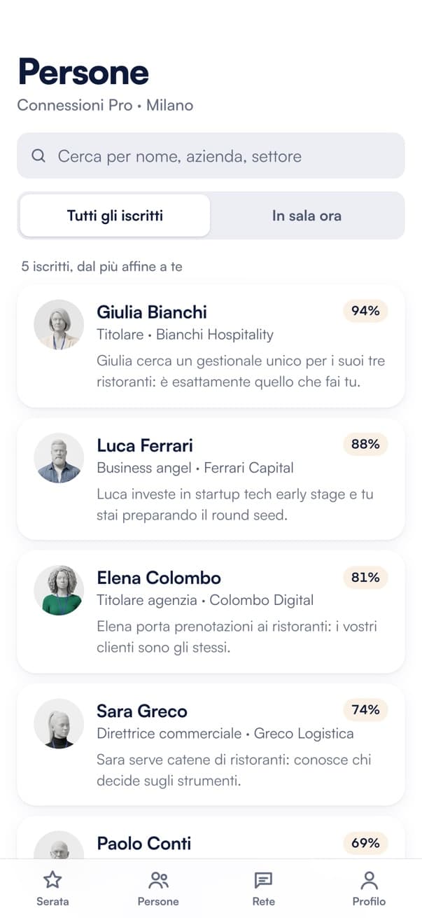 App di matching Connessioni Pro: gli iscritti alla serata, dal più affine a te, con il motivo per parlarci